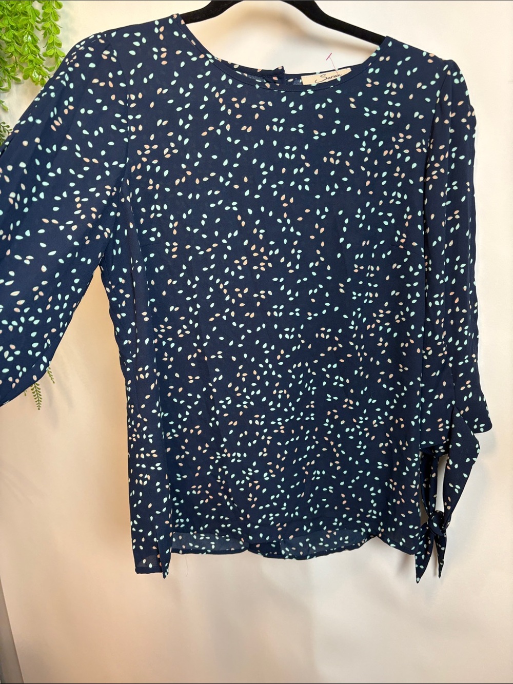 Navy Printed Tie-Sleeve Blouse
